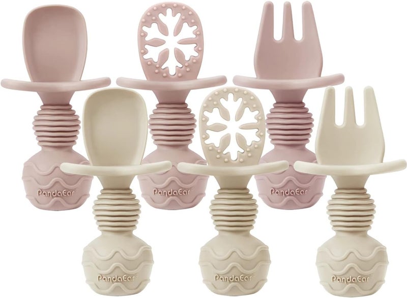 PandaEar طقم ملاعق وشوك سيليكون للأطفال 4 قطع، أدوات تغذية للأطفال، مستلزمات الفطام الذاتي للأطفال، ملعقة الأطفال للمرحلة الأولى لتغذية الأطفال بعمر 6 أشهر - Image 1